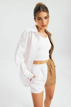 Solado Lapel Neck Long Sleeve Shirt & Two Tone Shorts Set Without Tank Top