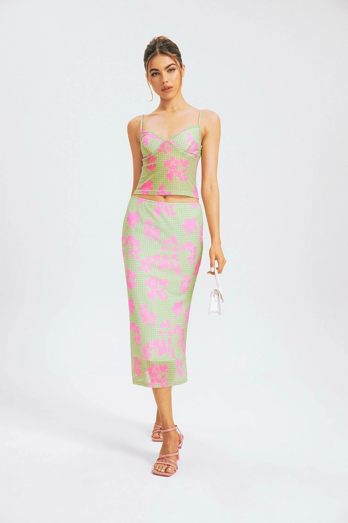 Solado Plaid Print Crop Top & Floral Layered Midi Skirt Set 5 Solado Plaid Print Crop Top & Floral Layered Midi Skirt Set - Image 5