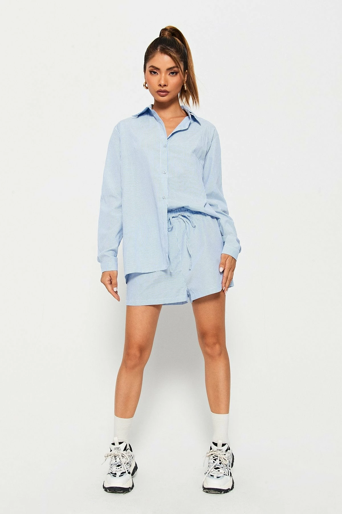 Solado Lapel Neck Long Sleeve Shirt & Stripe Print Shorts Set 1 Solado Lapel Neck Long Sleeve Shirt & Stripe Print Shorts Set