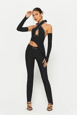 SOLADO Top-stitching Asymmetrical Hem Top & Pin Decor Pants Set With Oversleeve