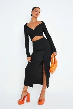 SOLADO Cross Hem Ribbed Long Sleeve Top & Split Hem Skirt Set