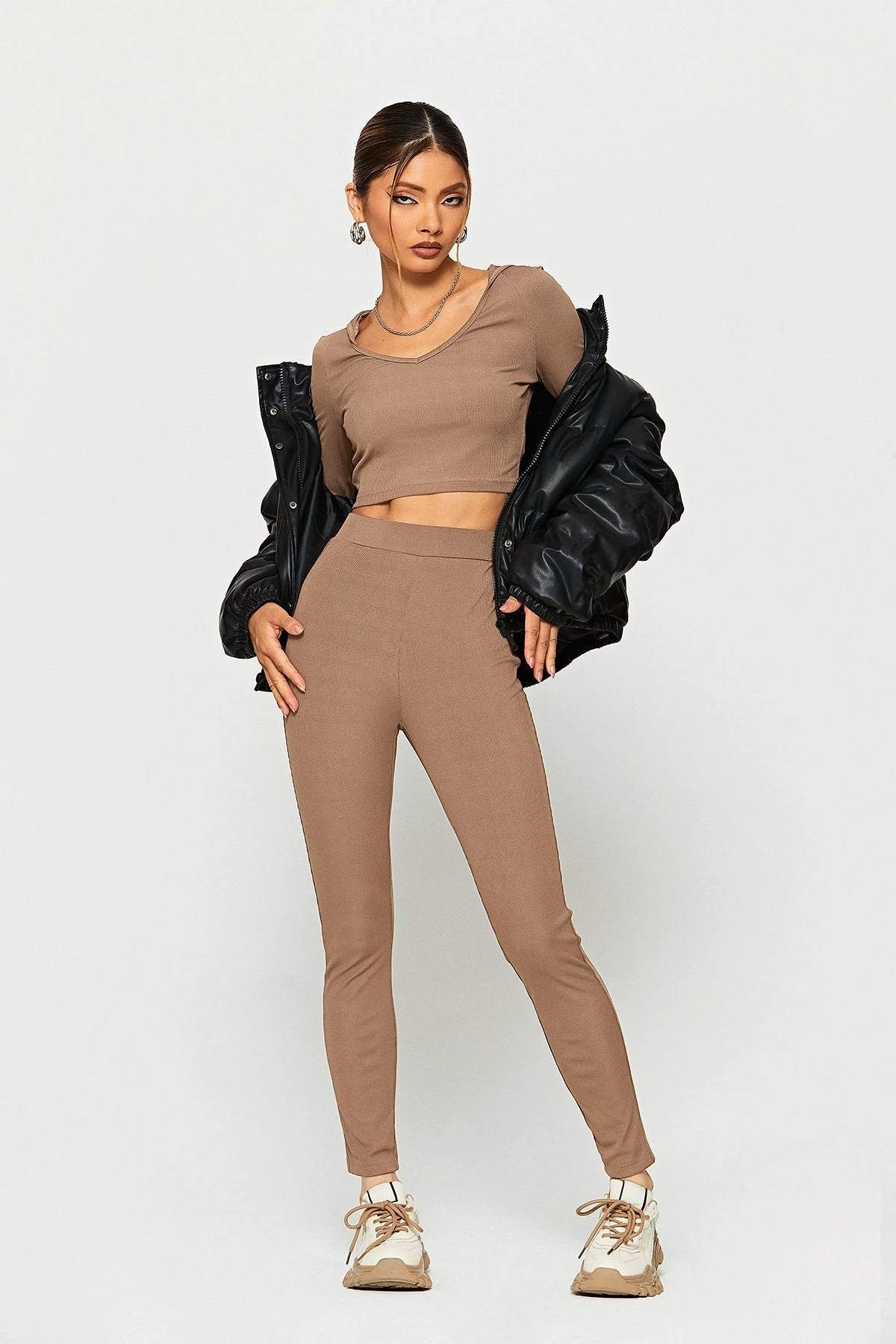SOLADO Long Sleeve Crop Hoodie & High Waist Ribbed Pants Set 4 SOLADO Long Sleeve Crop Hoodie & High Waist Ribbed Pants Set - Image 4