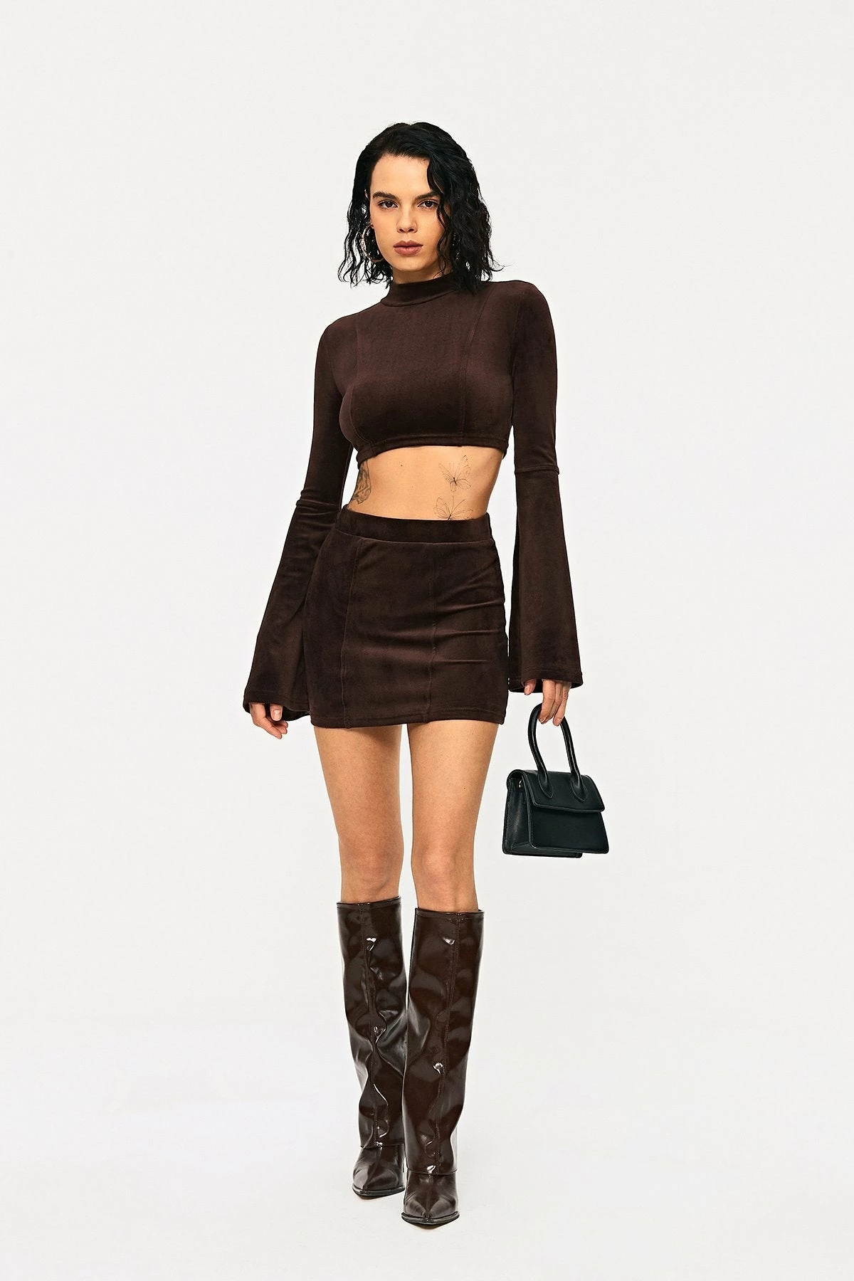 SOLADO Velvet Mock Neck Flared Sleeve Crop Top 3 SOLADO Velvet Mock Neck Flared Sleeve Crop Top - Image 3