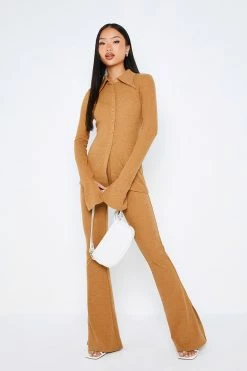 SOLADO Lapel Neck Flared Sleeve Shirt & Split Hem Pants Set