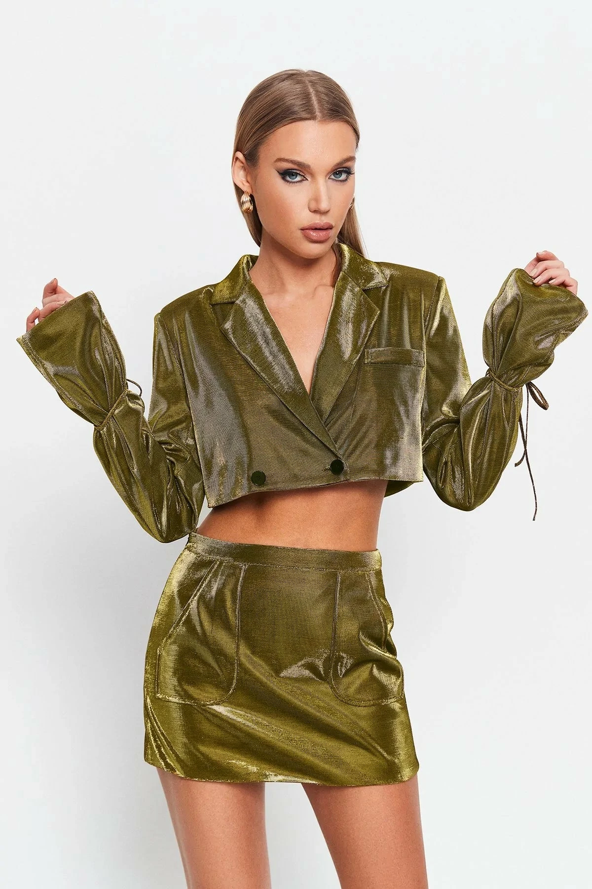 SOLADO Plunging Neck Tie Sleeve Sheen Crop Coat 2 SOLADO Plunging Neck Tie Sleeve Sheen Crop Coat - Image 2