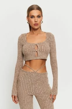 SOLADO Square Neck Cut Out Stripe Knitted Crop Top
