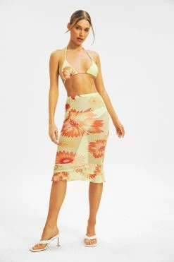 Solado Floral Print Mesh Corset Top & Ruffle Hem Midi Skirt Set Without Panty