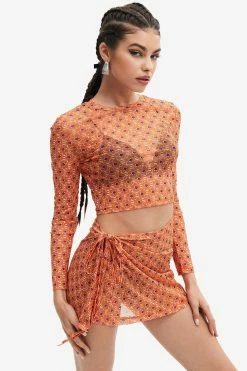 Solado Floral Print Mesh Crop Top & Tie Detail Skirt Set