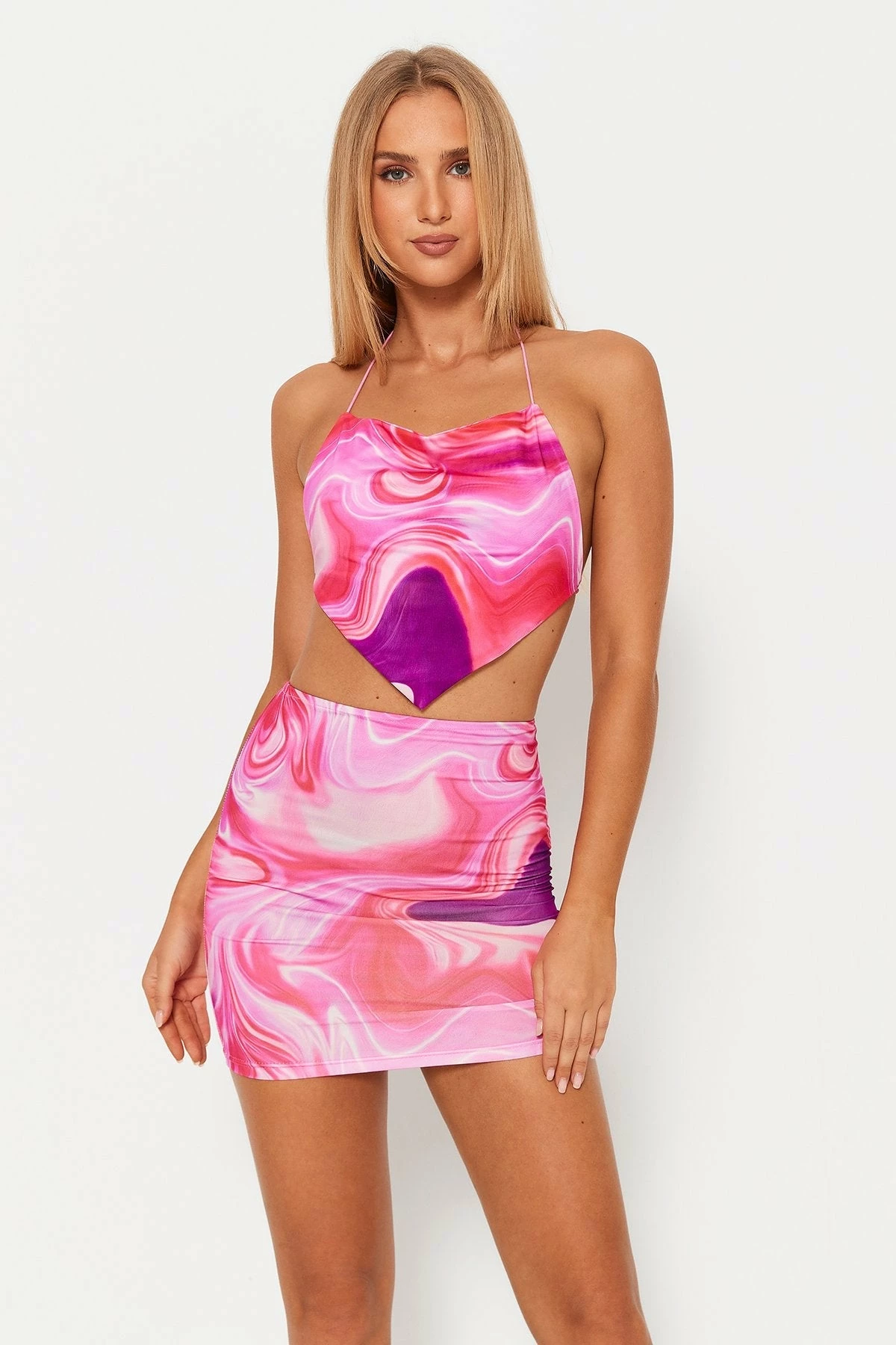 Solado Hanky Hem Open Back Crop Top & Swirl Print Skirt Set 1 Solado Hanky Hem Open Back Crop Top & Swirl Print Skirt Set