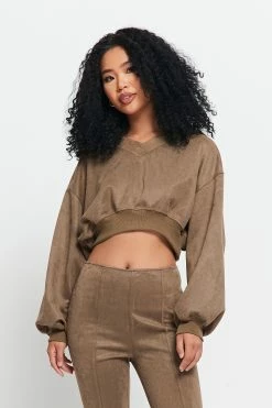 Alternative view of SOLADO Drop Shoulder Lantern Sleeve Cinched Waist Crop Top