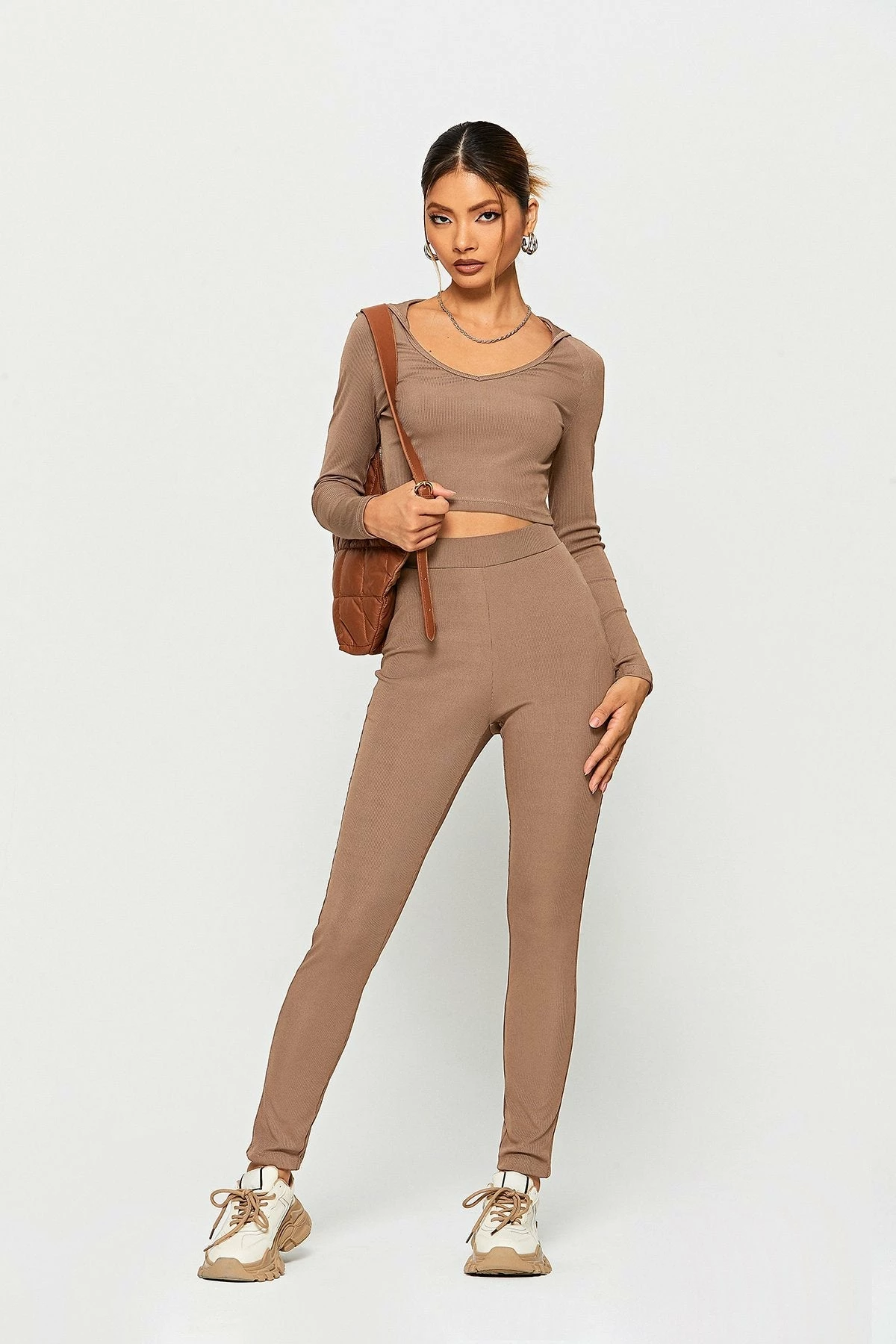 SOLADO Long Sleeve Crop Hoodie & High Waist Ribbed Pants Set 2 SOLADO Long Sleeve Crop Hoodie & High Waist Ribbed Pants Set - Image 2