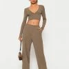 SOLADO Plunging Neck Long Sleeve Top & Stripe Knitted Pants Set