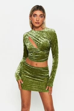SOLADO Cut Out Long Sleeve Top & Velvet Bodycon Skirt Set