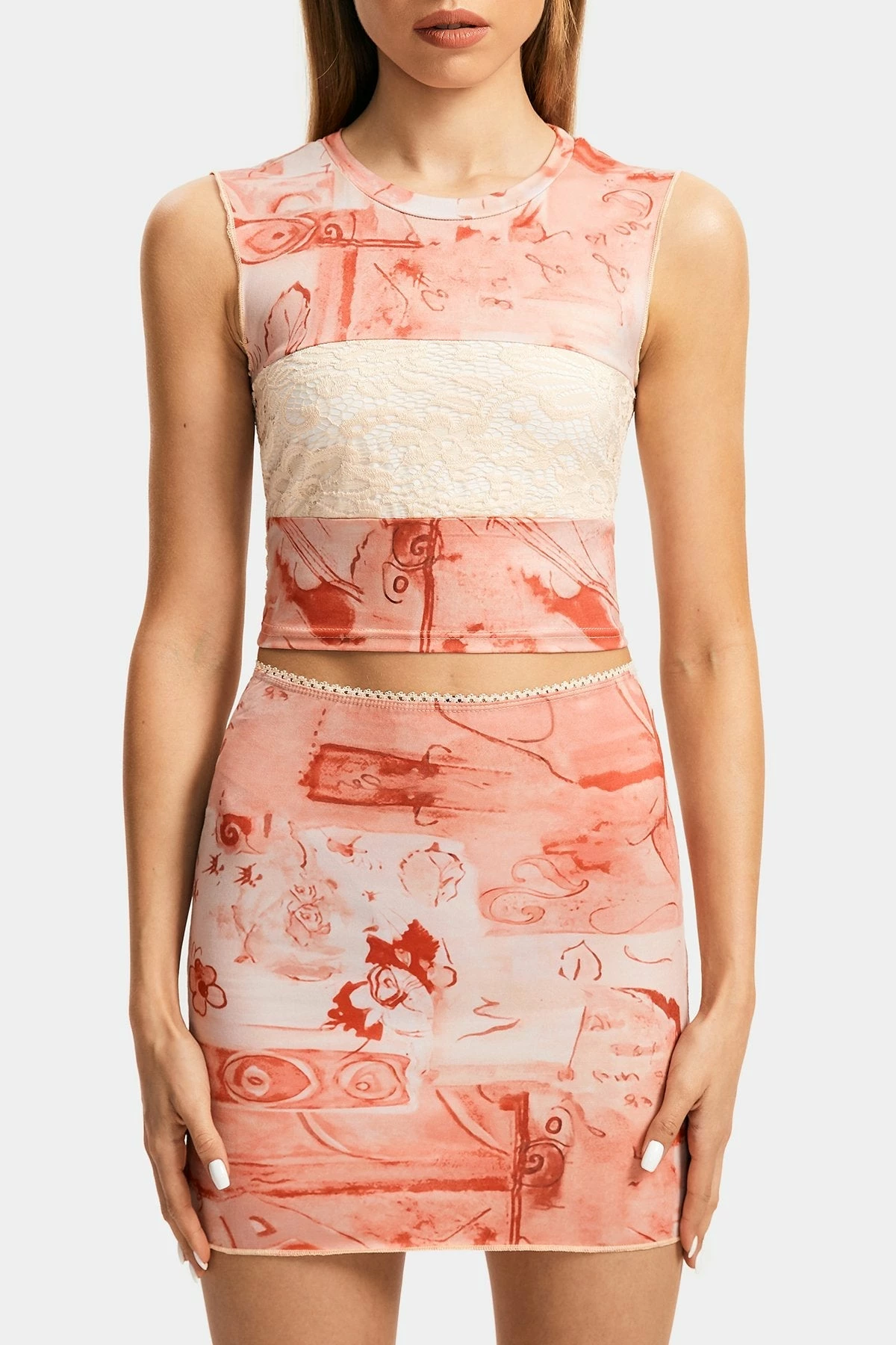 Solado Lace Top-Stitching Crop Top & Abstract Print Skirt Set 7 Solado Lace Top-Stitching Crop Top & Abstract Print Skirt Set - Image 7