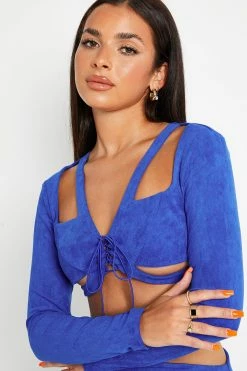 SOLADO Suede Cut Out Lace Up Front Long Sleeve Top