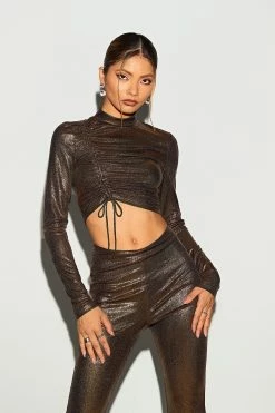 SOLADO Mock Neck Drawstring Ruched Sheen Long Sleeve Top