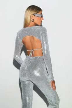 SOLADO Sequin Open Back Tie Detail Long Sleeve Top