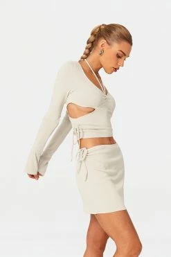 SOLADO Halter Neck Cut Out Drawstring Ruched Long Sleeve Top