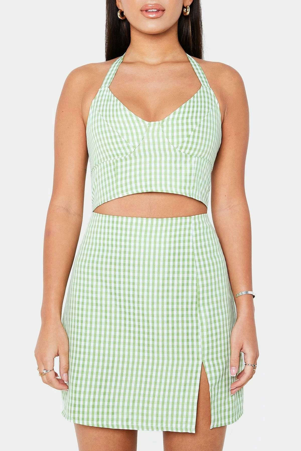 Solado Halter Neck Check Print Crop Top & Split Hem Skirt Set 6 Solado Halter Neck Check Print Crop Top & Split Hem Skirt Set - Image 6