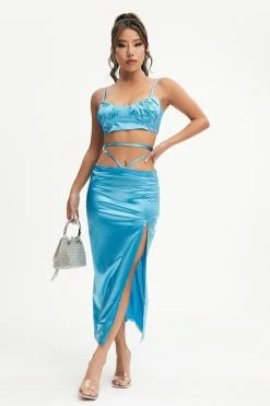 Solado Satin Lace Up Backless Crop Top & Split Hem Skirt Set