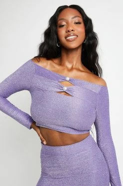 SOLADO Lurex Beads Decor Off Shoulder Long Sleeve Top