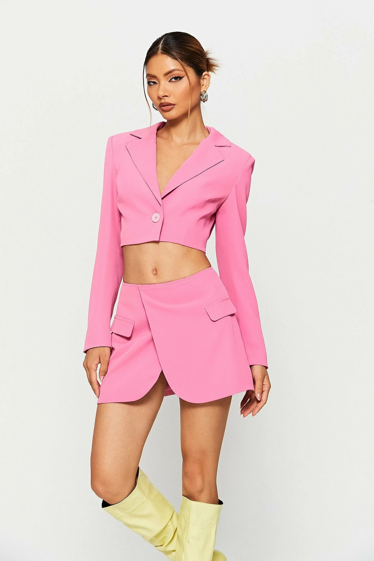 SOLADO Single Buttoned Crop Blazer & Wrap Hem Mini Skirt Set 1 SOLADO Single Buttoned Crop Blazer & Wrap Hem Mini Skirt Set