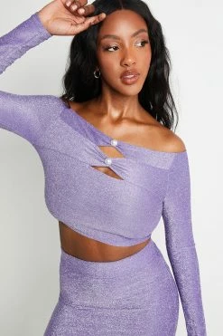 Alternative view of SOLADO Lurex Beads Decor Off Shoulder Long Sleeve Top