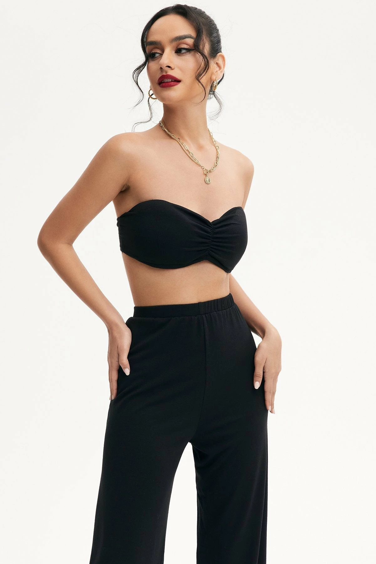 Solado Ruched Tube Crop Top & Wide Leg Pants Set 3 Solado Ruched Tube Crop Top & Wide Leg Pants Set - Image 3