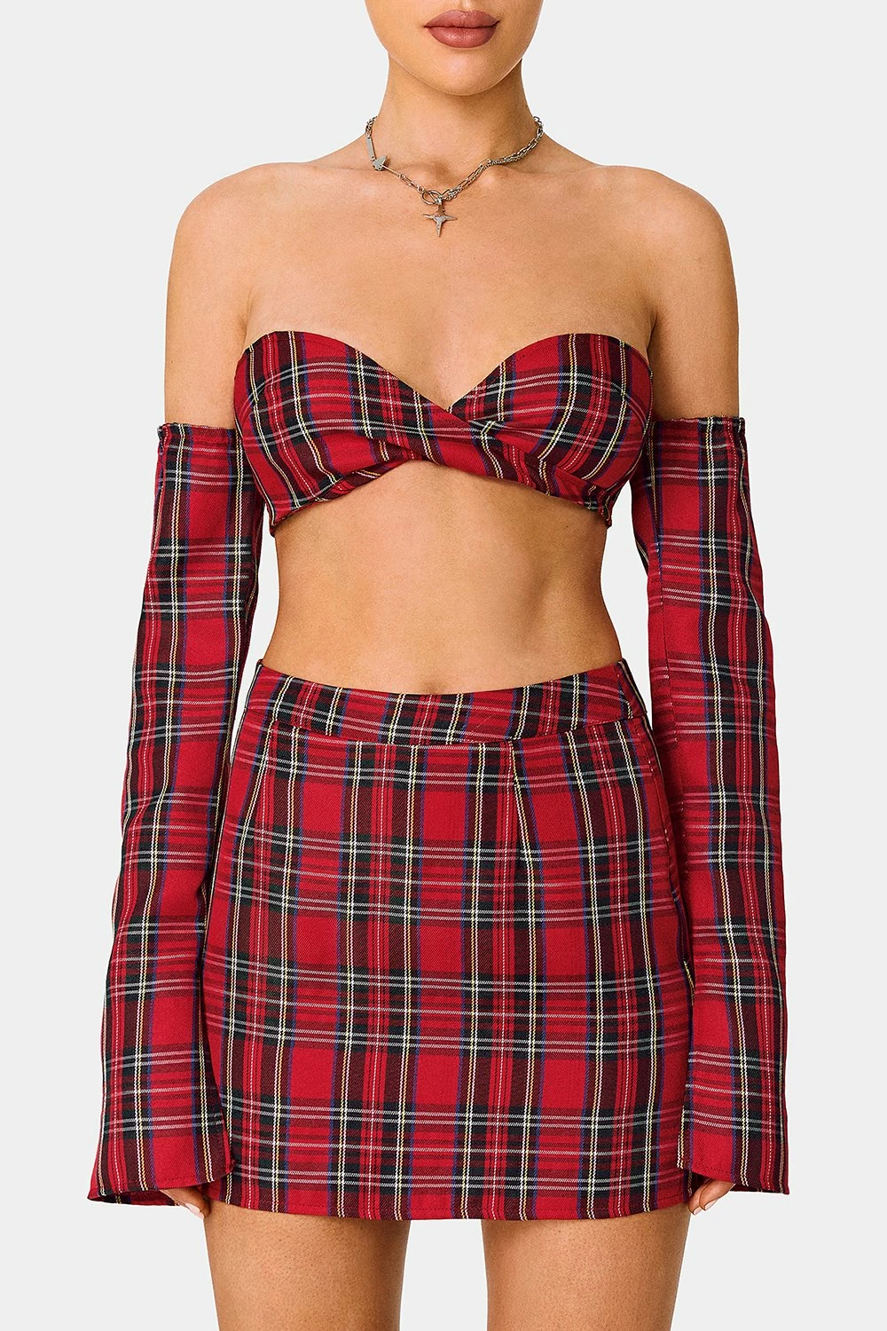 SOLADO Scottish Plaid Off Shoulder Twist Front Crop Top With Oversleeve 6 SOLADO Scottish Plaid Off Shoulder Twist Front Crop Top With Oversleeve - Image 6