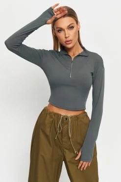 SOLADO Half Zipper Thumb Hole Long Sleeve Crop Top