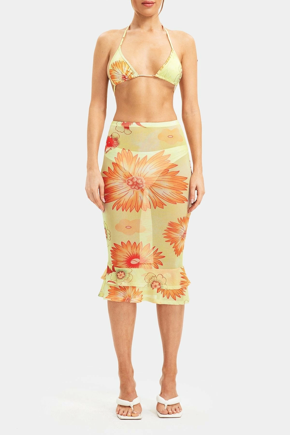 Solado Floral Print Mesh Corset Top & Ruffle Hem Midi Skirt Set Without Panty 6 Solado Floral Print Mesh Corset Top & Ruffle Hem Midi Skirt Set Without Panty - Image 6