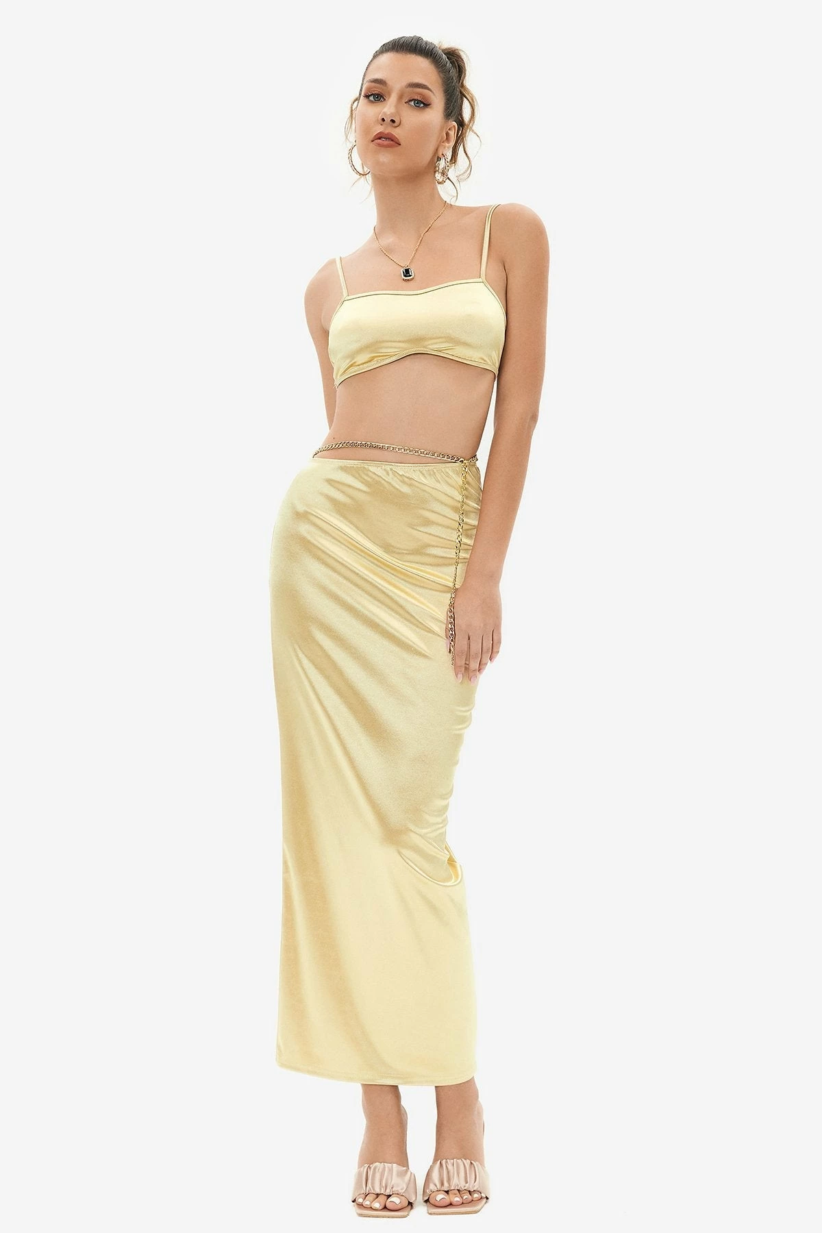 Solado Satin Cami Crop Top & Chain Detail Skirt Set 1 Solado Satin Cami Crop Top & Chain Detail Skirt Set