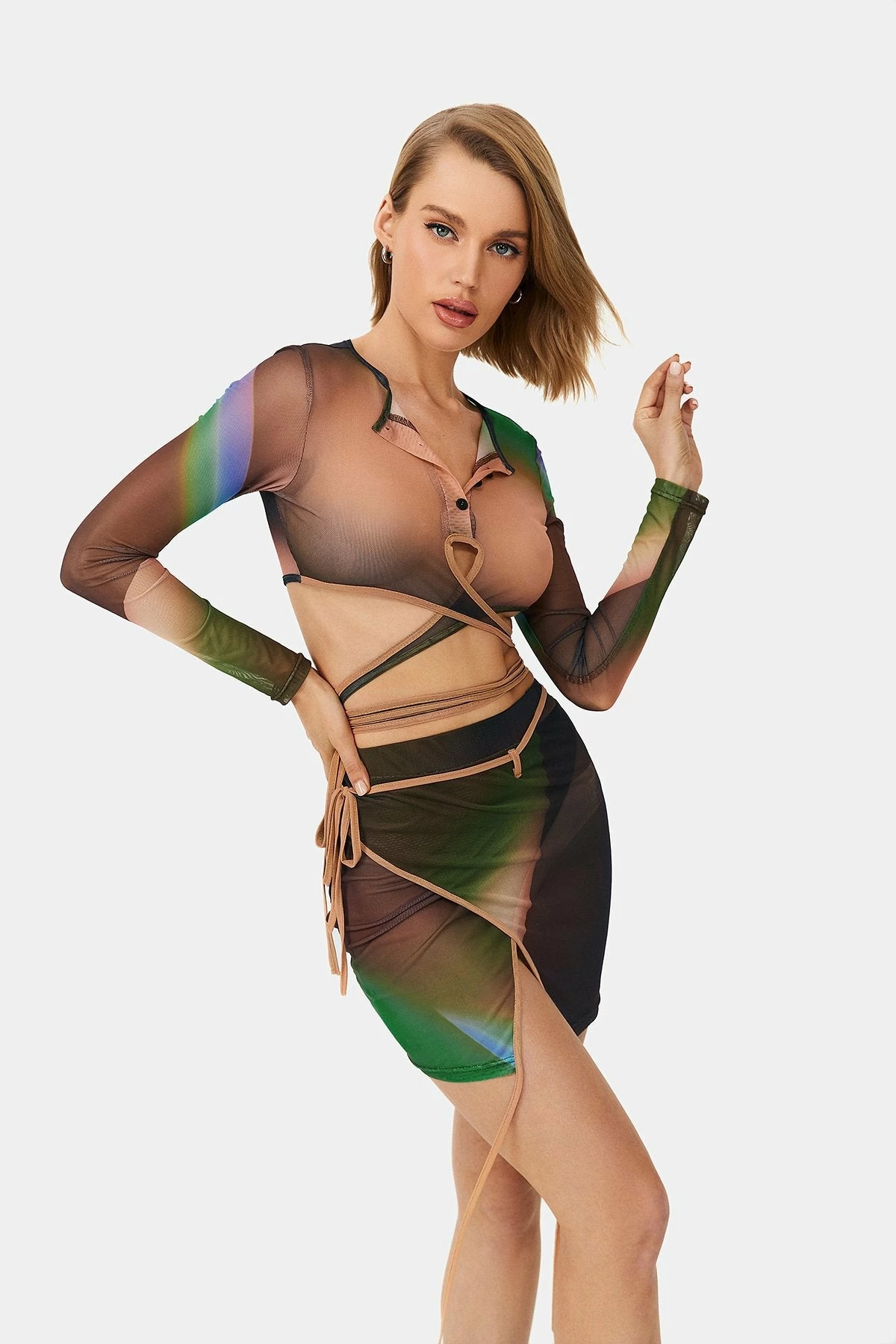 SOLADO Lapel Neck Tie Crop Top & Abstract Print Mesh Skirt Set 1 SOLADO Lapel Neck Tie Crop Top & Abstract Print Mesh Skirt Set