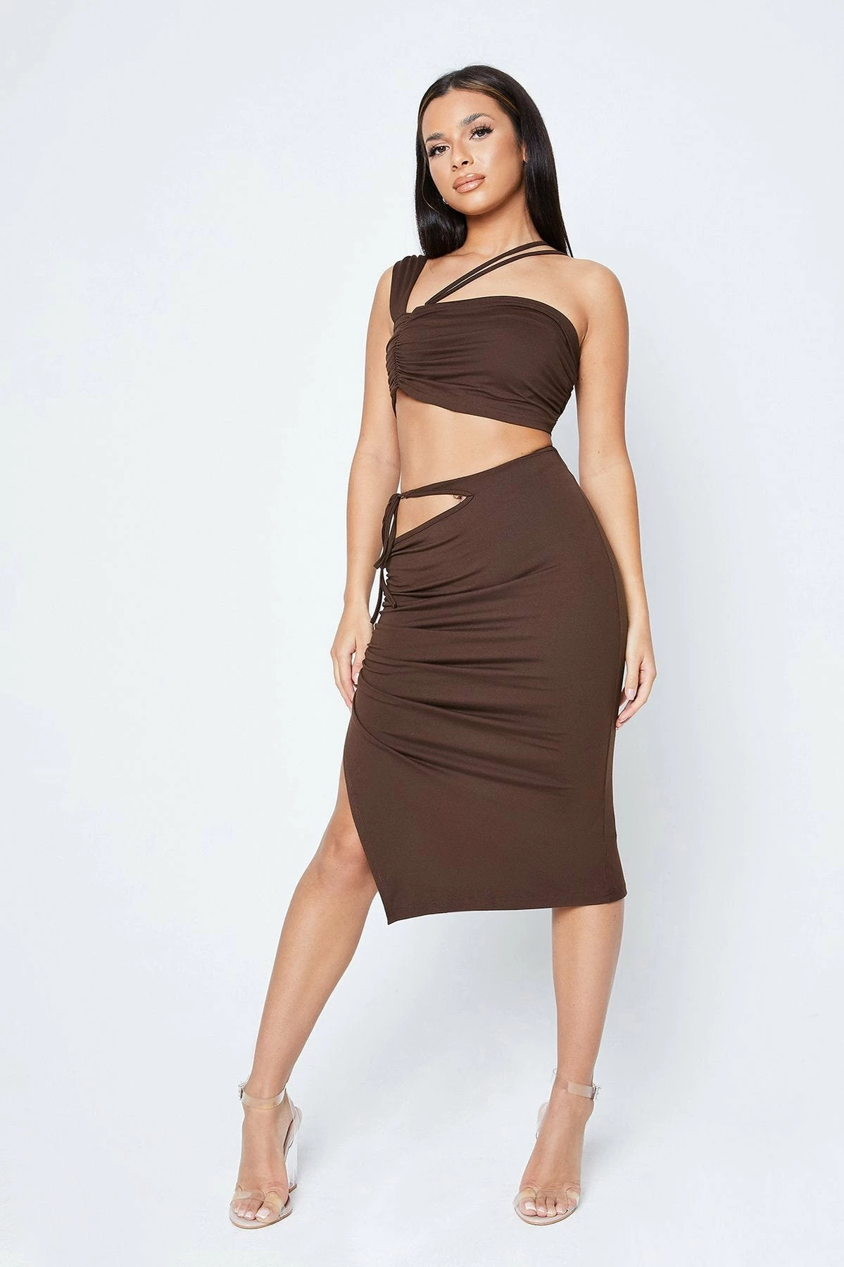 Solado One Shoulder Crop Top & Drawstring Ruched Skirt Set 1 Solado One Shoulder Crop Top & Drawstring Ruched Skirt Set