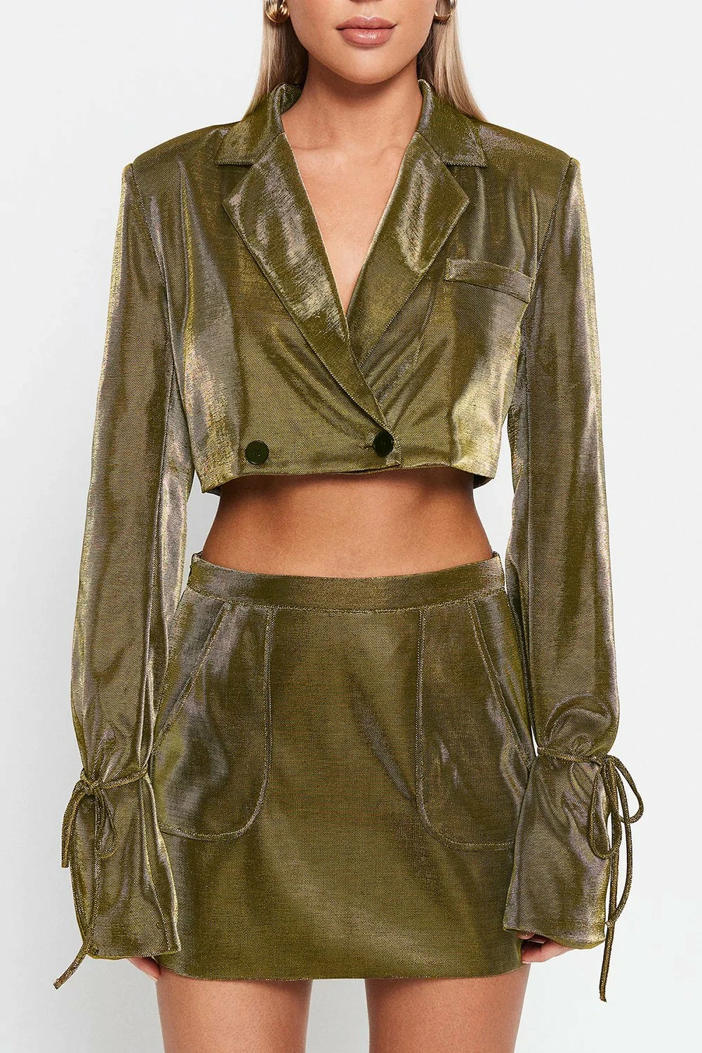 SOLADO Plunging Neck Tie Sleeve Sheen Crop Coat 6 SOLADO Plunging Neck Tie Sleeve Sheen Crop Coat - Image 6