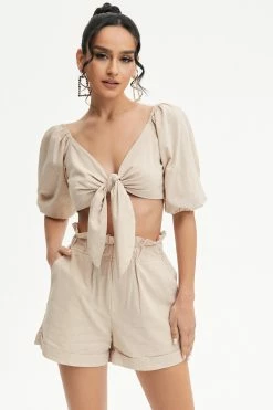 Solado Tie Front Puff Sleeve Crop Top & Paperbag Waist Shorts Set