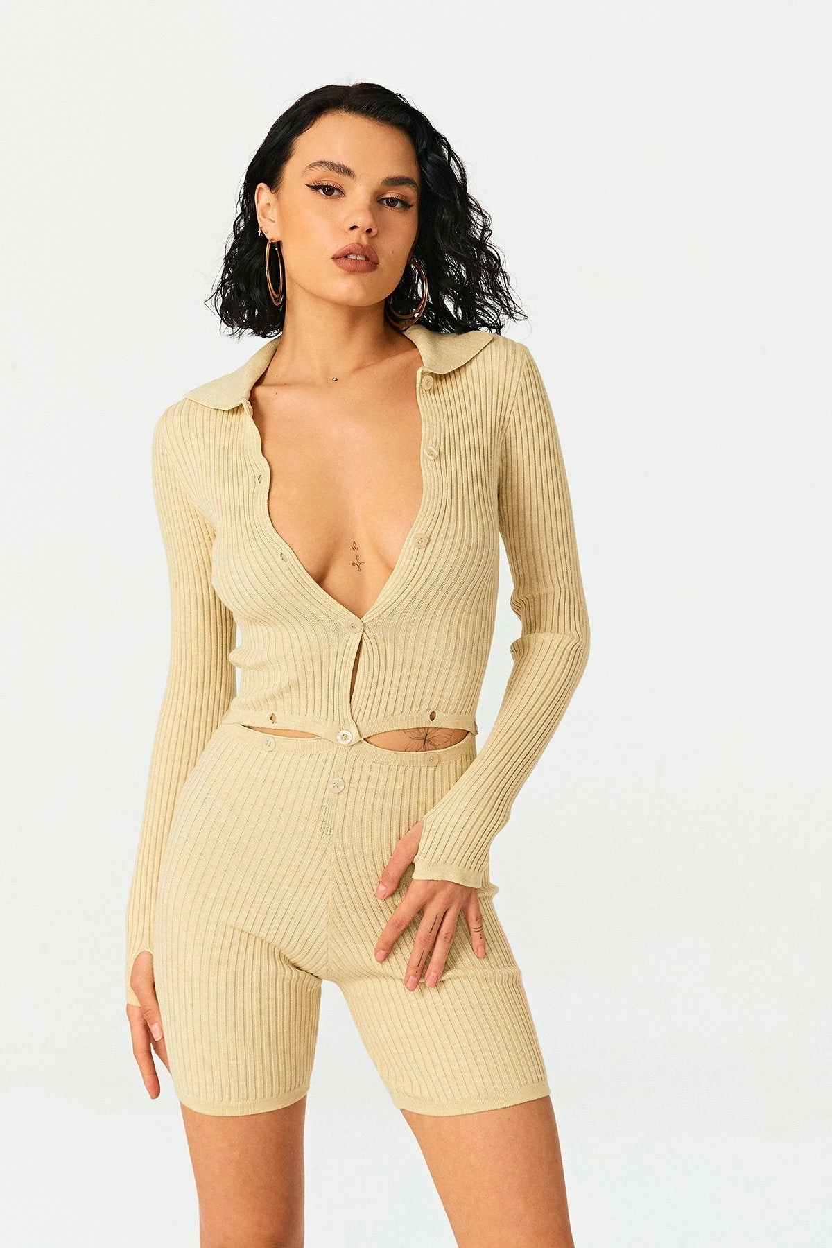 Solado Plunging Neck Long Sleeve Top & Stripe Knitted Shorts Set 2 Solado Plunging Neck Long Sleeve Top & Stripe Knitted Shorts Set - Image 2