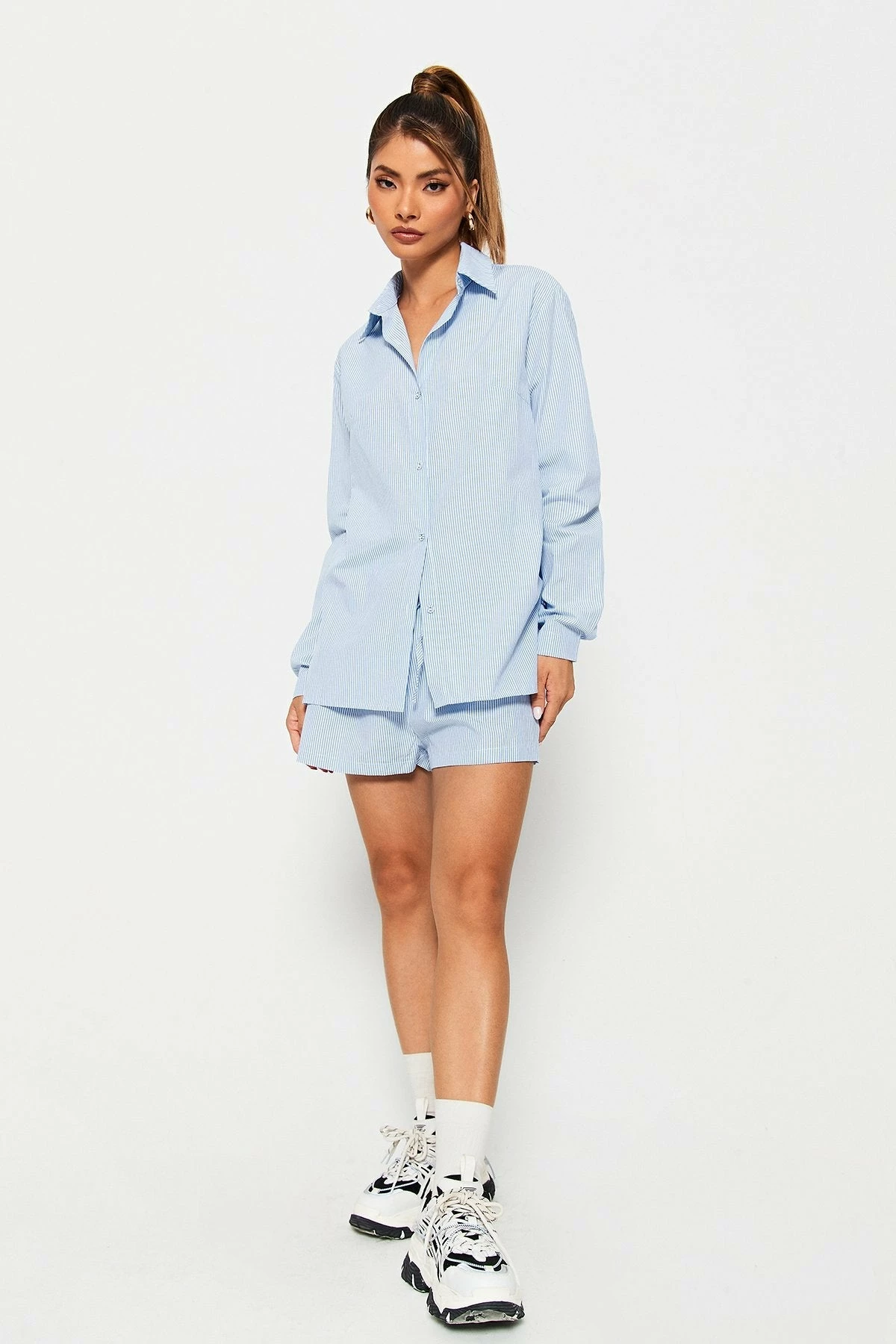 Solado Lapel Neck Long Sleeve Shirt & Stripe Print Shorts Set 2 Solado Lapel Neck Long Sleeve Shirt & Stripe Print Shorts Set - Image 2