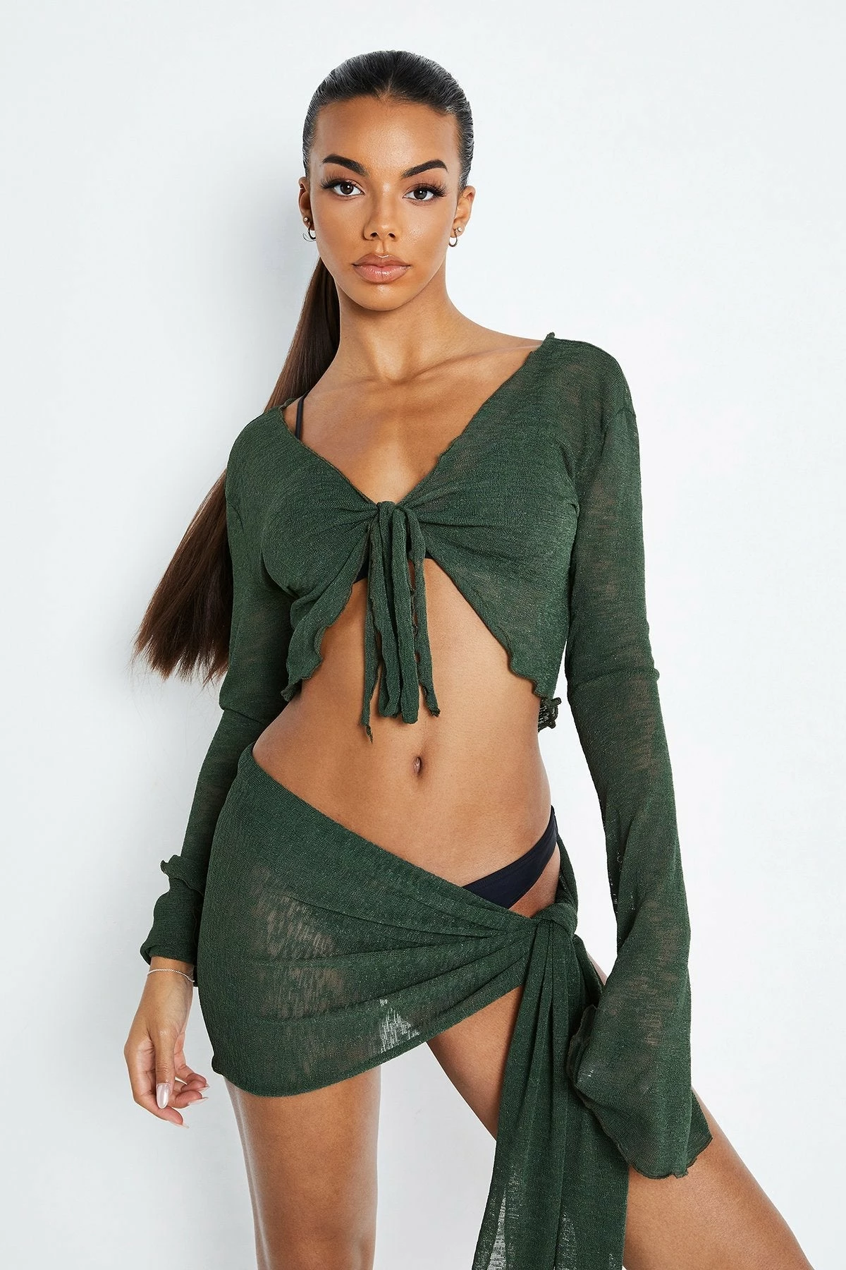 Solado Plunging Neck Long Sleeve Top & Tie Side Skirt Set Without Underwear 1 Solado Plunging Neck Long Sleeve Top & Tie Side Skirt Set Without Underwear