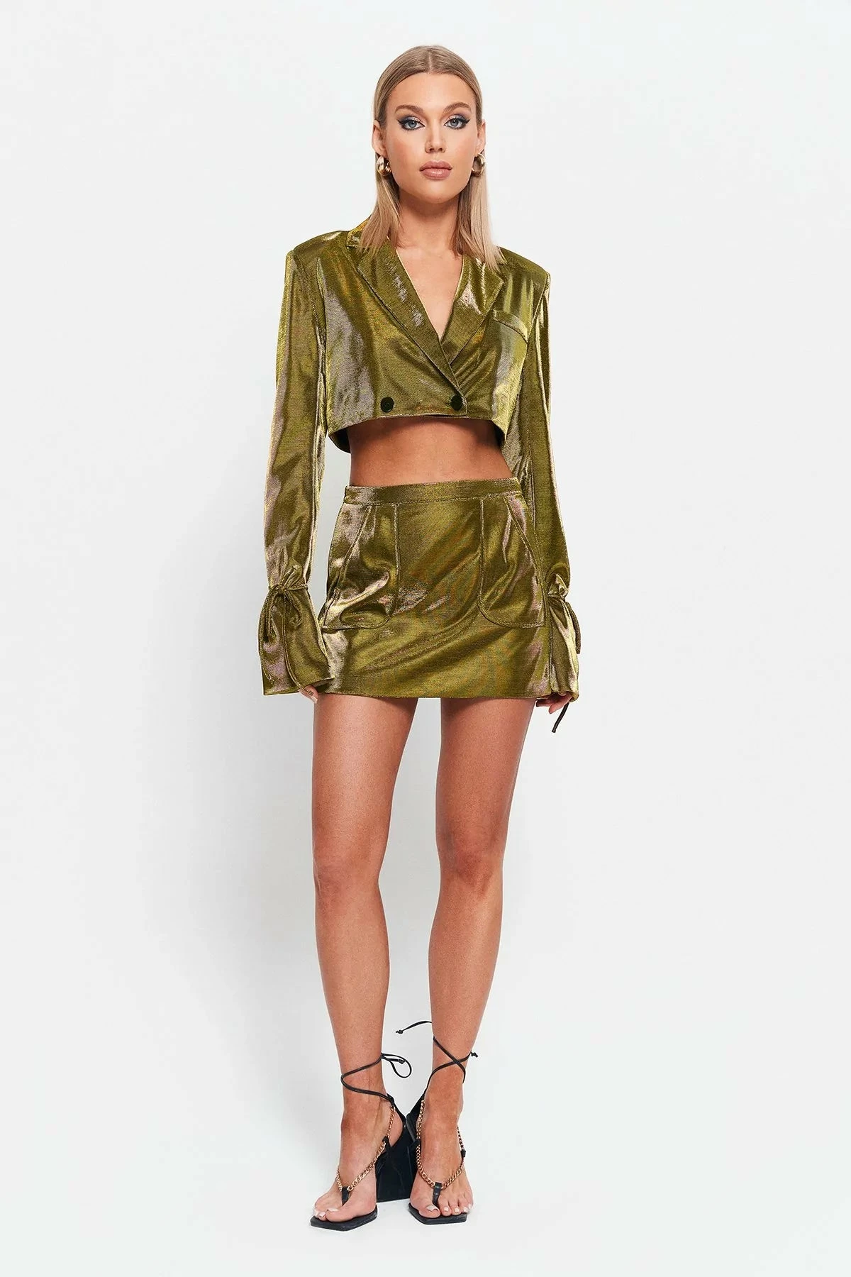 SOLADO Plunging Neck Tie Sleeve Sheen Crop Coat 3 SOLADO Plunging Neck Tie Sleeve Sheen Crop Coat - Image 3