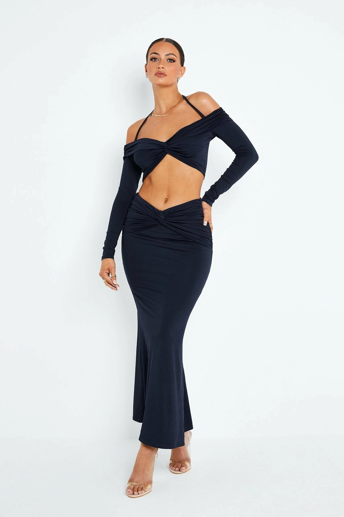 SOLADO Twist Front Cold Shoulder Crop Top & Split Hem Skirt Set 4 SOLADO Twist Front Cold Shoulder Crop Top & Split Hem Skirt Set - Image 4