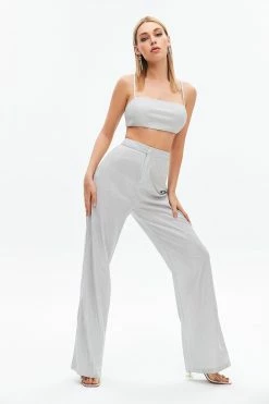 Solado Zipper Back Crop Top & High Waist Lurex Pants Set