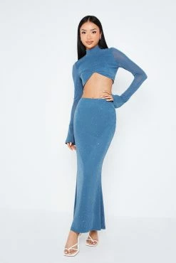 SOLADO Asymmetrical Hem Crop Top & Glitter Mermaid Skirt Set