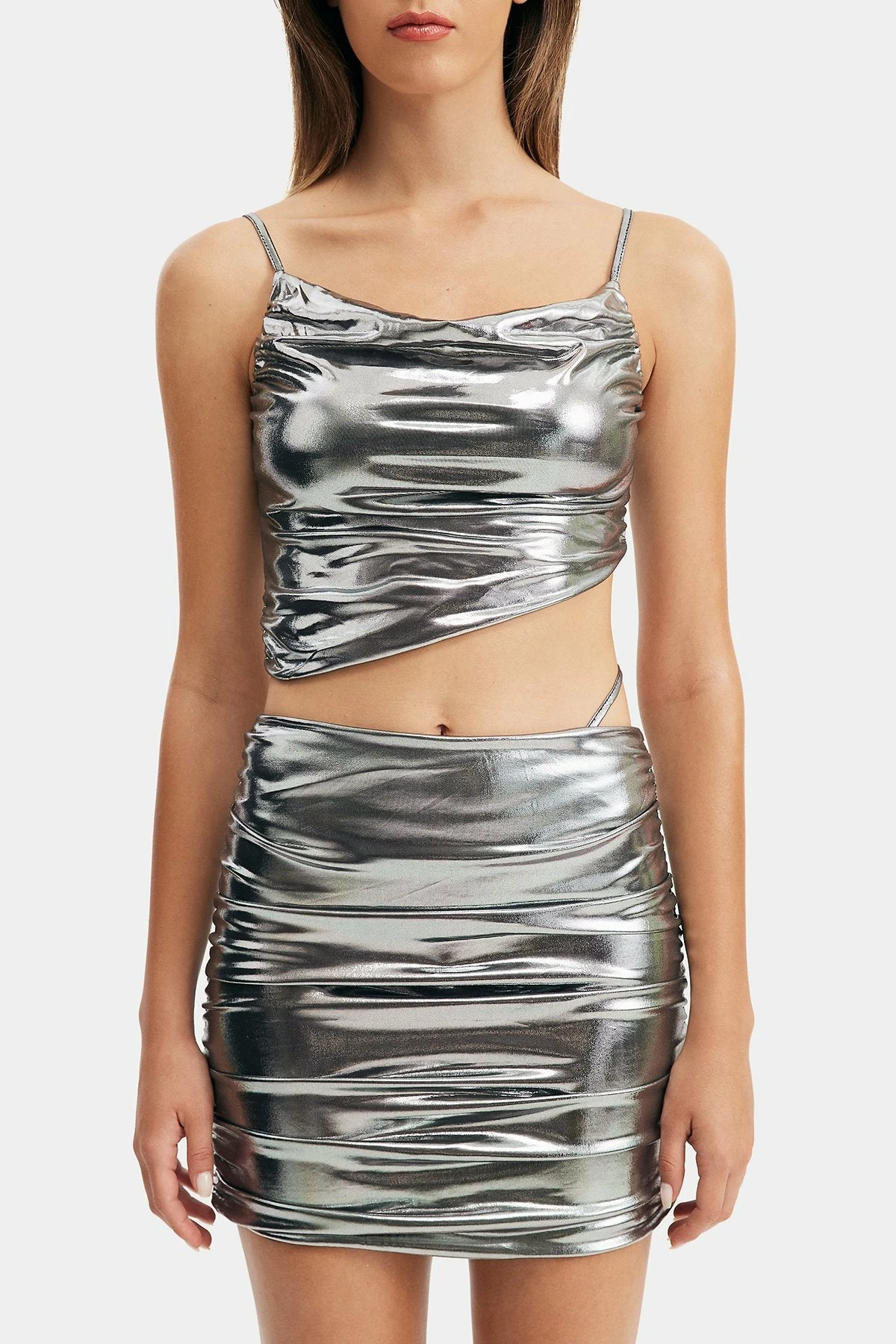 Solado Asymmetric Hem Crop Top & Vinyl Ruched Mini Skirt Set 6 Solado Asymmetric Hem Crop Top & Vinyl Ruched Mini Skirt Set - Image 6