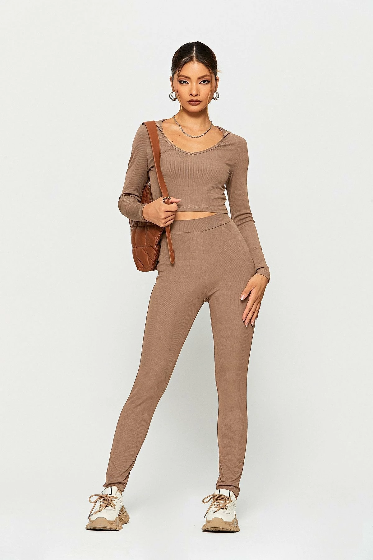 SOLADO Long Sleeve Crop Hoodie & High Waist Ribbed Pants Set 1 SOLADO Long Sleeve Crop Hoodie & High Waist Ribbed Pants Set