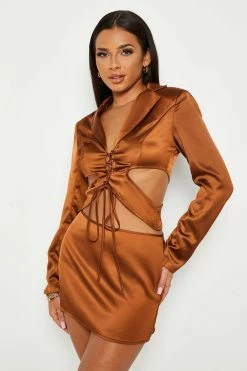 SOLADO Lace Up Cut Out Crop Top & Satin Skirt Set
