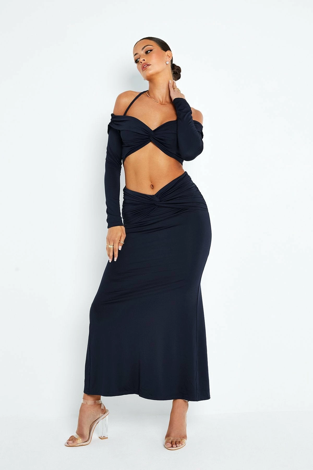 SOLADO Twist Front Cold Shoulder Crop Top & Split Hem Skirt Set 2 SOLADO Twist Front Cold Shoulder Crop Top & Split Hem Skirt Set - Image 2