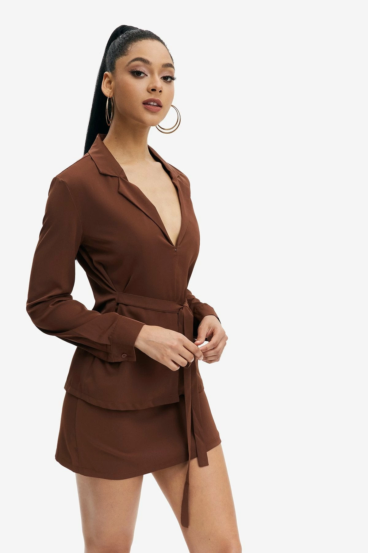 Solado Lapel Neck Long Sleeve Top & High Waist Solid Skirt Set 3 Solado Lapel Neck Long Sleeve Top & High Waist Solid Skirt Set - Image 3