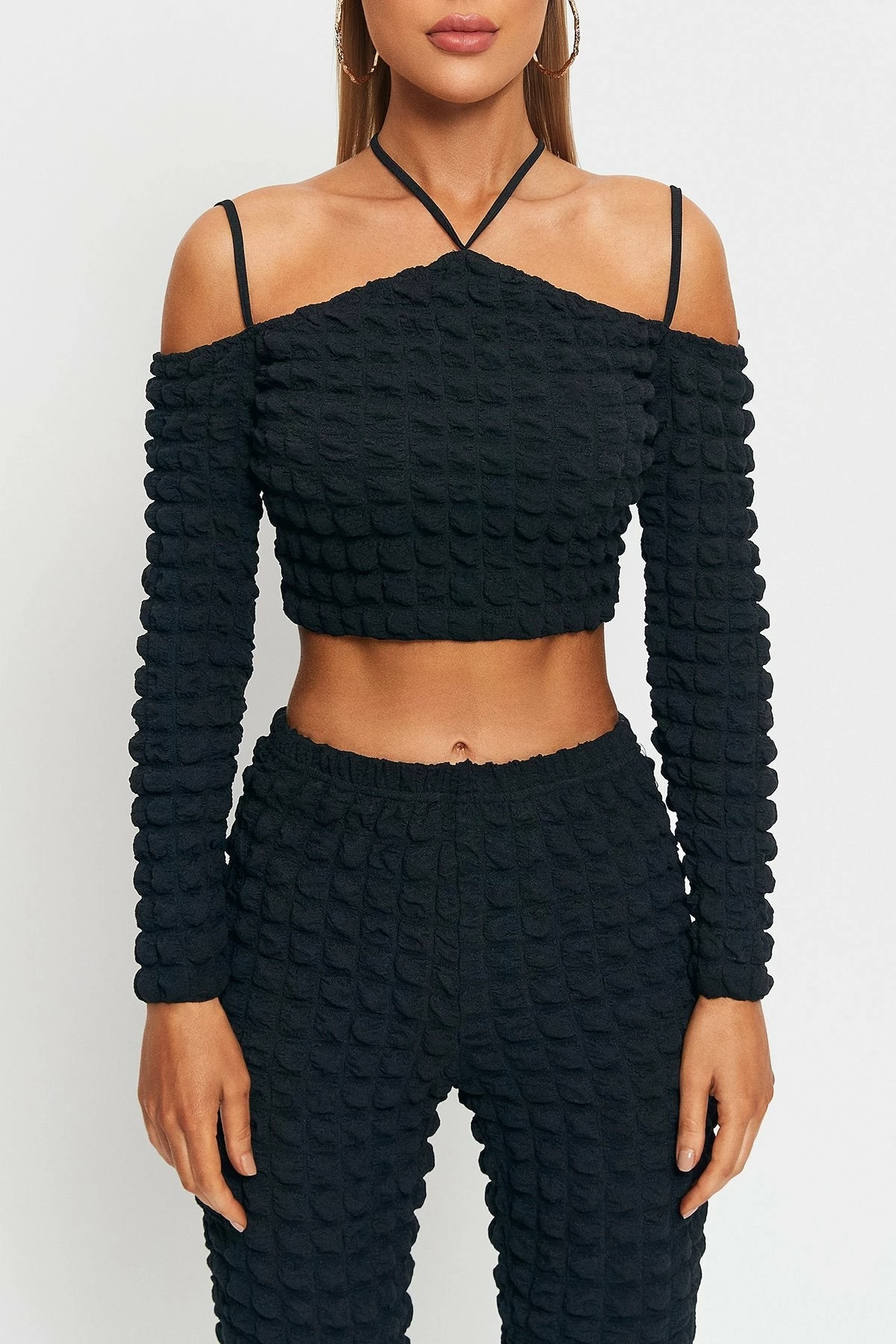 SOLADO Halter Neck Cold Shoulder Bubble Textured Crop Top 1 SOLADO Halter Neck Cold Shoulder Bubble Textured Crop Top