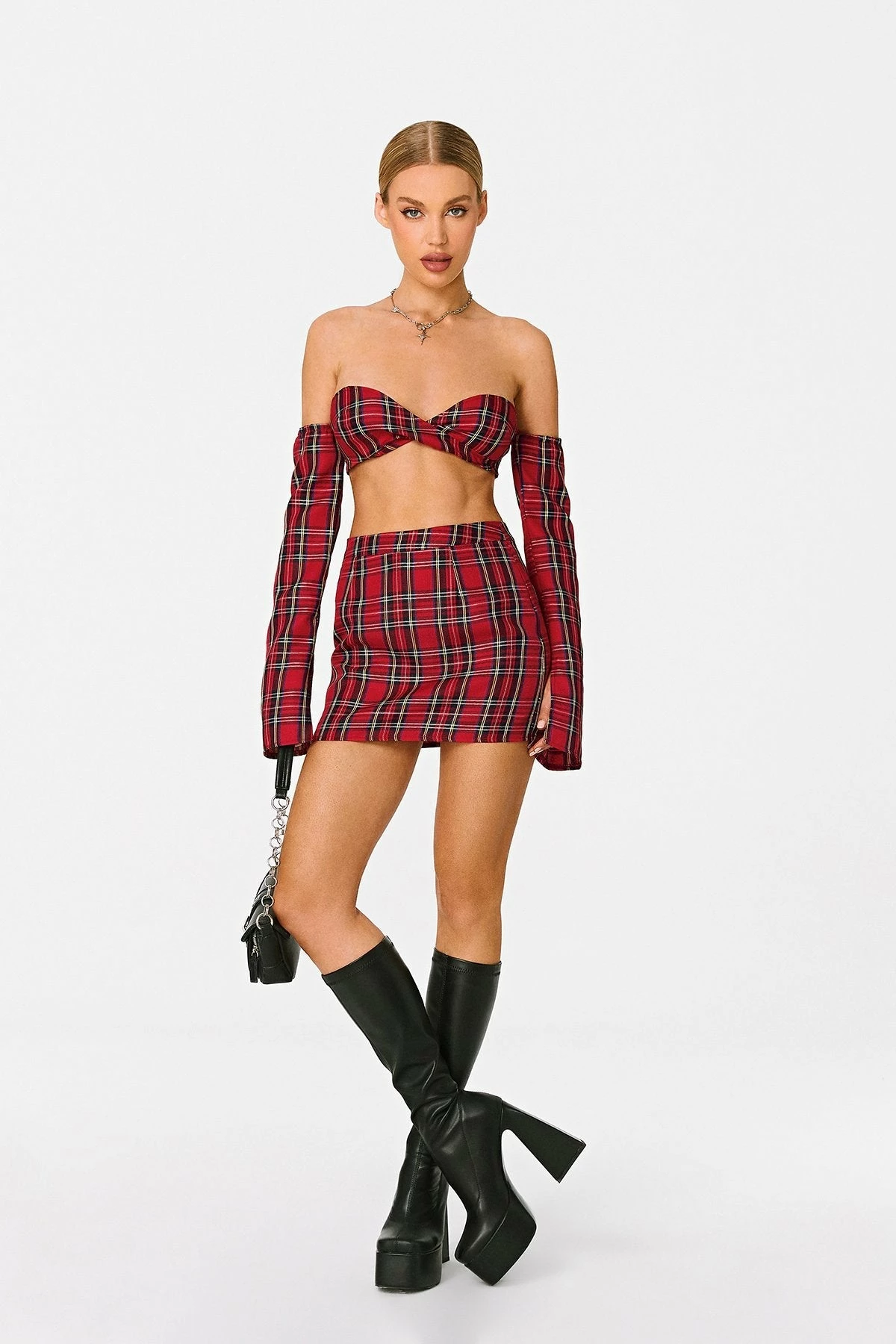 SOLADO Scottish Plaid Off Shoulder Twist Front Crop Top With Oversleeve 3 SOLADO Scottish Plaid Off Shoulder Twist Front Crop Top With Oversleeve - Image 3